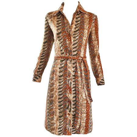 Bonwit Teller 1970s Batik Print Belted Cotton 70s Vintage Brown Safari Dress For Sale at 1stdibs