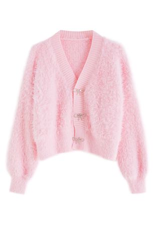 Bowknot Brooch Fuzzy Knit Cardigan in Pink - Retro, Indie and Unique Fashion