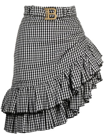 Balmain belted ruffled asymmetric skirt black & white VF14315C276 - Farfetch
