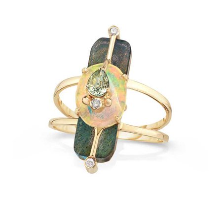 Moderne Labradorite Ring with Ethiopian Opal, Green Sapphire, Diamonds, 14K Yellow Gold - Loriann Jewelry