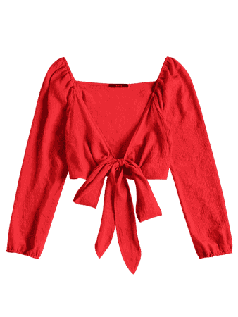 Plunging Neck Tied Bowknot Crop Blouse RED: Blouses M | ZAFUL