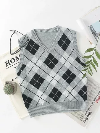 V-neck Argyle Pattern Sweater Vest | SHEIN USA grey