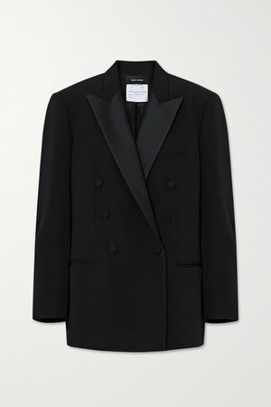 Double-breasted Satin-trimmed Wool Blazer - Black