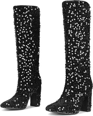 Amazon.com | Cossansan Knee High Boots Women -GoGo Boots Sparkly Sequin Womens Boots Square Toe Pull On Boots for Women Chunky Heel Thigh High Boots Fashion Dress Heeled Boots Costume Disco Halloween Party Shoes | Knee-High