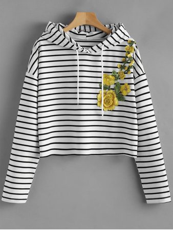 [28% OFF] 2019 Flower Patched Striped Drawstring Hoodie In BLACK STRIPE | ZAFUL GB