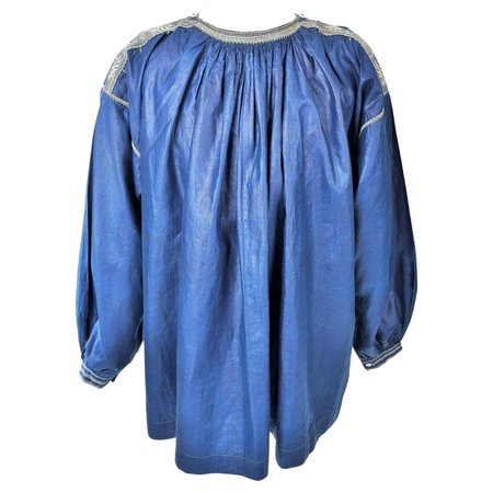 French Blaude or Party Blouse In Glazed Linen Dyed Indigo Normandy 19th Century For Sale at 1stDibs