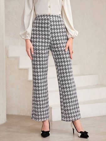 SHEIN Modely Houndstooth Print Wide Leg Pants | SHEIN