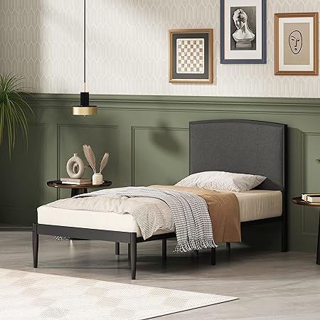 Amazon.com: YUHUASHI Platform Metal Bed Frame, Simple Design, Linen-Covered Curved headboard, Metal Frame and Foot, Easy to Assemble and noiseless (Dark Grey, Twin) : Home & Kitchen