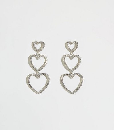 Silver Premium Diamanté Heart Drop Earrings | New Look