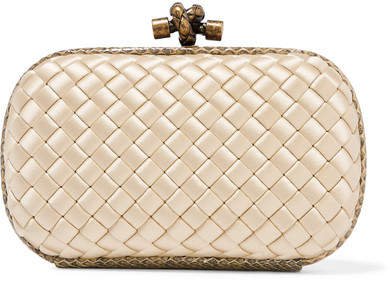 The Knot Watersnake-trimmed Intrecciato Satin Clutch - Pastel yellow