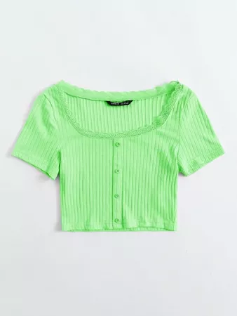 Neon Lime Button Front Lace Trim Rib-knit Tee | SHEIN USA green