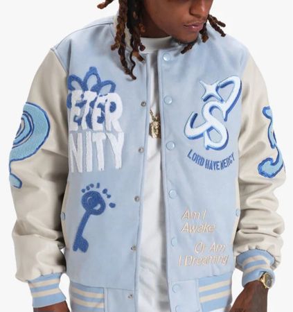 "MERCY" SUEDE LETTERMAN JACKET BABY BLUE