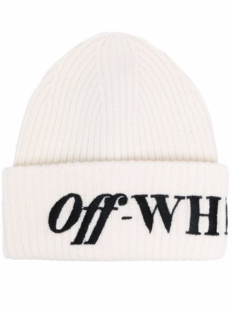 Shop Off-White logo-embroidered ribbed-knit beanie with Express Delivery - FARFETCH