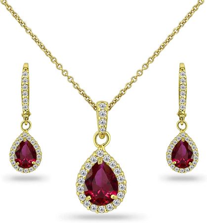 B. BRILLIANT Sterling Silver Genuine, Simulated Gemstone Halo Dainty Pear Teardrop Necklace & Earrings Jewelry Set for Women Girls with Gift Box, metal, ruby : Amazon.co.uk: Fashion