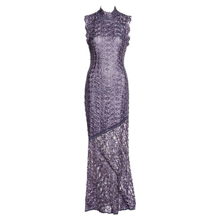 John Galliano purple ribbon crochet bias-cut maxi dress, fw 2001 For Sale at 1stDibs