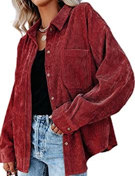 CHYRII Women's Plus Size Corduroy Shirts Casual Oversized Button Down Shacket Long Sleeve Blouses Tops with Pockets Red XXL at Amazon Women’s Clothing store