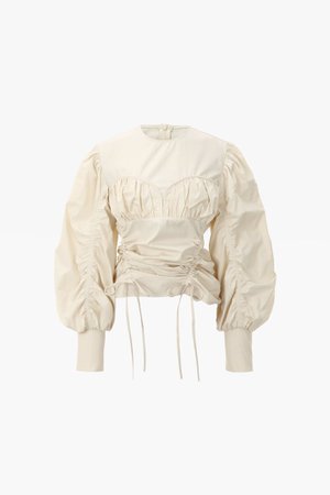 Gathered Waist Blouse With Puffy Sleeves, Light Beige – SourceUnknown