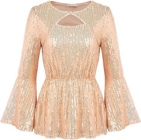 Belle Poque Sequin Tops for Women Long Bell Sleeve Cut-Out Sparkly Glitter Tops Blouse Party Night at Amazon Women’s Clothing store