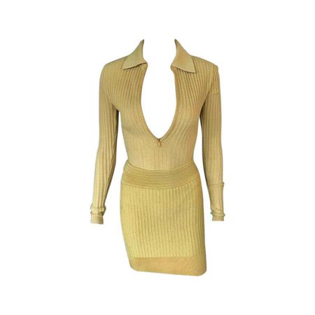 Azzedine Alaia Vintage Yellow Rib Knit Skirt and Bodysuit Top 2 Piece Set For Sale at 1stdibs