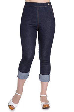 Hell Bunny Ronnie Denim Jeans 50s Vintage Retro Capri Trousers 3/4 Pedal Pushers - Navy Blue (2XL) at Amazon Women’s Clothing store