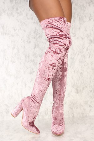 Sexy Dusty Rose Thigh High Circle Chunky Heel Boots Crushed Velvet