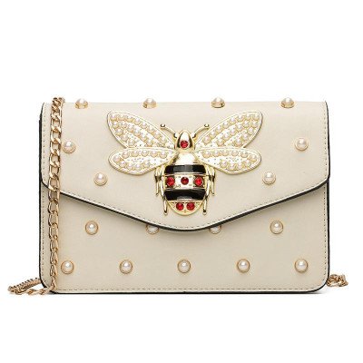 White Pearl Bee Vegan Leather Message Purses Crossbody Chain Bags
