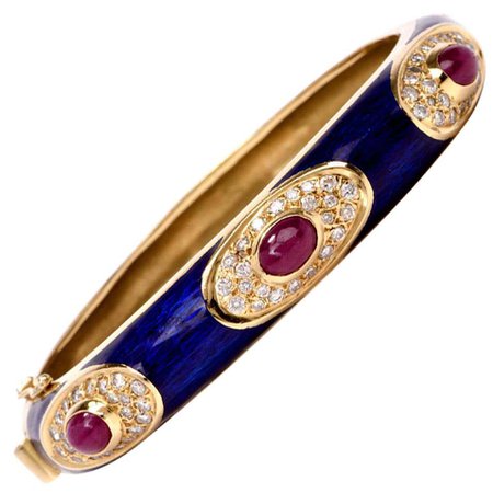 Blue Enamel Ruby Diamond 18 Karat Gold Bangle Bracelet For Sale at 1stDibs