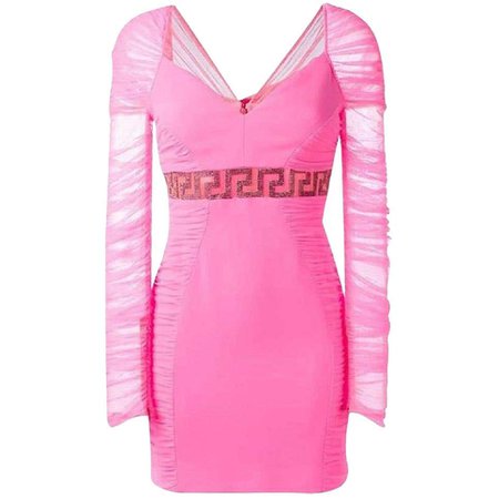 New Versace Neon Pink Crystal Embellished Draped Tulle Crepe Mini Dress 4, 6, 8 For Sale at 1stDibs