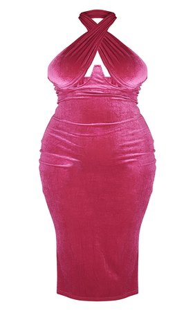 Plus Fuchsia Velvet Underwired Cross Front Midi Dress | PrettyLittleThing USA