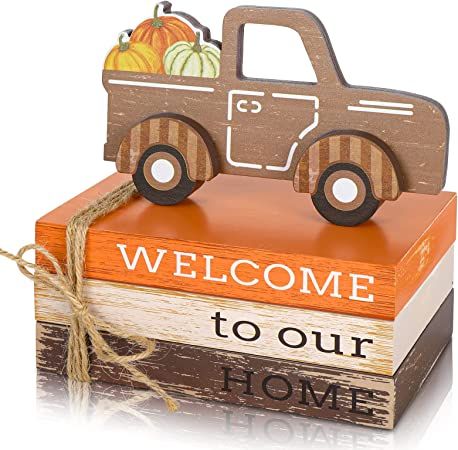 Amazon.com: Whaline Fall Wooden Tiered Tray Decor Wood Book Stack Faux Decorative Stacked Books Bundle Pumpkin Truck WELCOME to our HOME Block Sign for Autumn Farmhouse Rustic Decor Kitchen Home Table Decoration : Home & Kitchen
