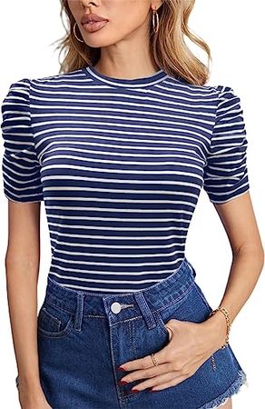 LilyCoco Women's Striped Short Puff Sleeve Slim Fit Round Neck Blouse Shirt Tops at Amazon Women’s Clothing store
