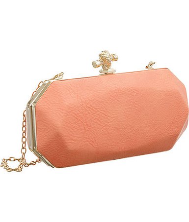 Purse Boutique: Coral Pink "Golden Knot Clutch" Abstract Cut Hardcase Evening Bag with Chain Strap, Purses