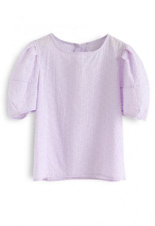 Puff Sleeves Floral Embroidered Eyelet Top in Purple - NEW ARRIVALS - Retro, Indie and Unique Fashion