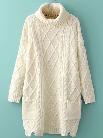 White Turtleneck Side Slit Pocket Cable Knit Sweater DressFor Women-romwe