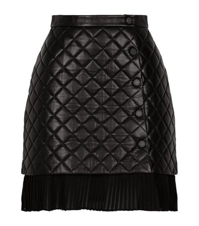 SANDRO SQUARE QUILTED LEATHER & PLEATED HEM MINI SKIRT