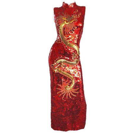 Vintage Red and Gold Fully Sequined Dragon + Cloud Print Novelty Cheongsam Gown | Evening dresses vintage, Red evening dress, Gold evening dresses