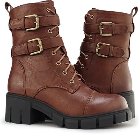 Amazon.com | Tobfis Women's Combat Boots Side Zipper Buckle Chunky Heel Ankle Booties,Brown PU,7 M US | Ankle & Bootie