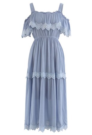 Crochet Trim Cold-Shoulder Dress in Dusty Blue - Retro, Indie and Unique Fashion