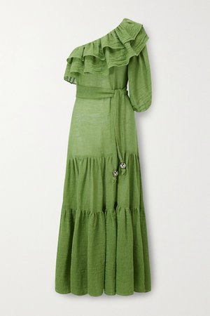 Green Arden ruffled one-sleeve organic linen-blend gauze maxi dress | Lisa Marie Fernandez | NET-A-PORTER
