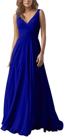 Amazon.com: Yilis Double V Neck Elegant Long Bridesmaid Dress Chiffon Wedding Evening Dress Royal Blue US12: Clothing