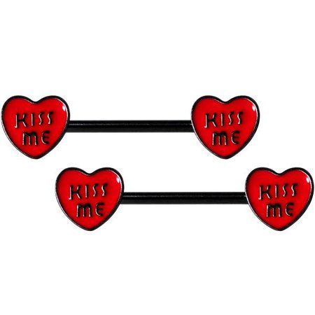 14 Gauge 5/8 Black Red Heart Kiss Me Barbell Nipple Ring Set – BodyCandy
