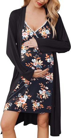 Ekouaer Women's Maternity Nursing Robes Breastfeeding Gown and Robe Postpartum Nightgowns Pregnancy Nightgown Grey Flower Large at Amazon Women’s Clothing store