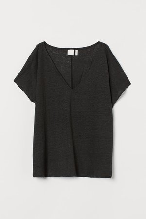 V-neck Linen T-shirt - Black - Ladies | H&M US