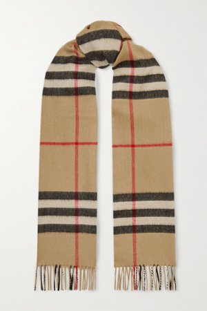 Brown Fringed checked cashmere scarf | Burberry | NET-A-PORTER