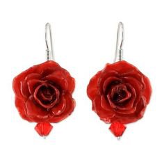 Natural Rose Dangle Earrings in Red from Thailand, 'Floral Temptation in Red'