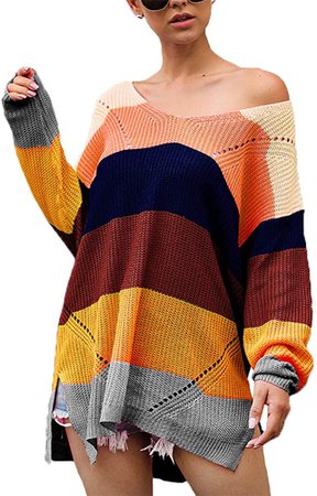 Susupeng Women V Neck Long Sleeve Loose Fitting Oversized Rainbow Block Thin Sweaters Knitting Pullover Tops(Small, Apricot) at Amazon Women’s Clothing store