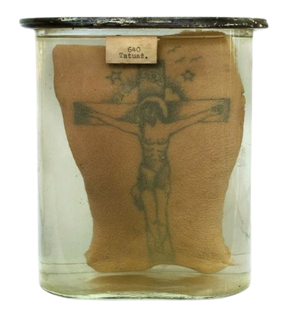 tattooed jesus flesh in a jar