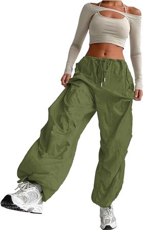 Amazon.com: ONIRIKE Womens Parachute Pants Drawstring Elastic Low Waist Sweatpants Loose Baggy Cargo Pants Y2K Trousers with Pockets Army Green S : Clothing, Shoes & Jewelry