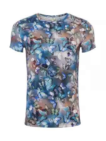 L'AGENCE - Ressi Slim-Fit Crewneck Tee in Blue Multi Cloud Butterfly