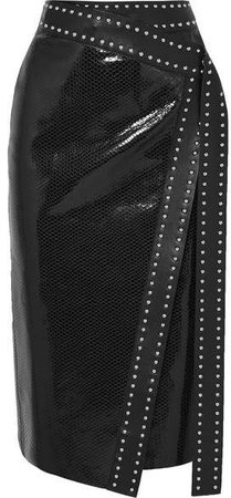 Studded Snake-effect Leather Wrap Midi Skirt - Black